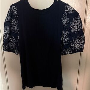 LOFT Navy Blouse with White Floral Sleeves